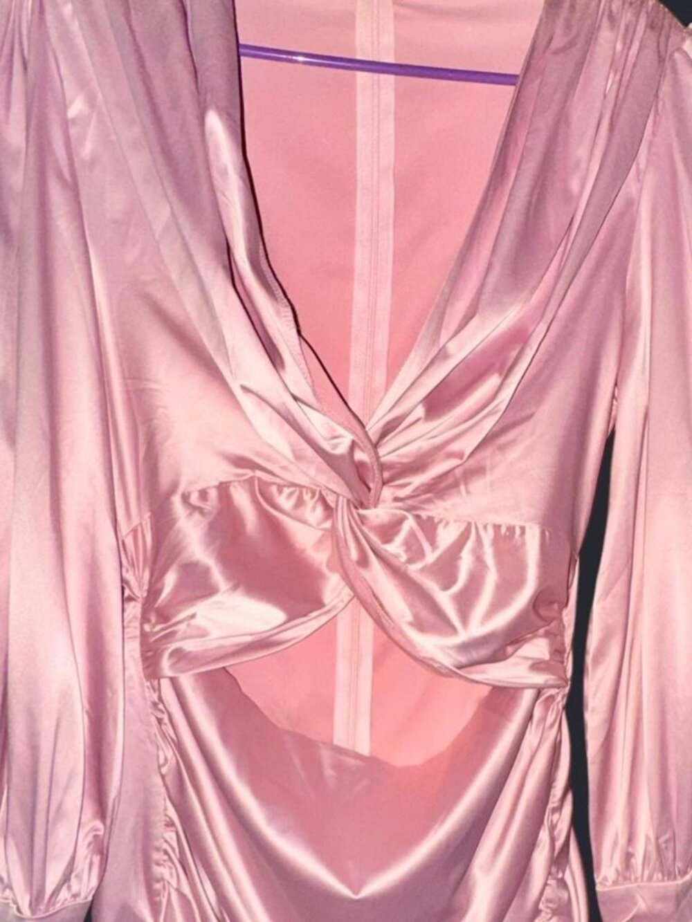 NWT Pink Cutout Satin Long-Sleeve Mini Dress, Size L